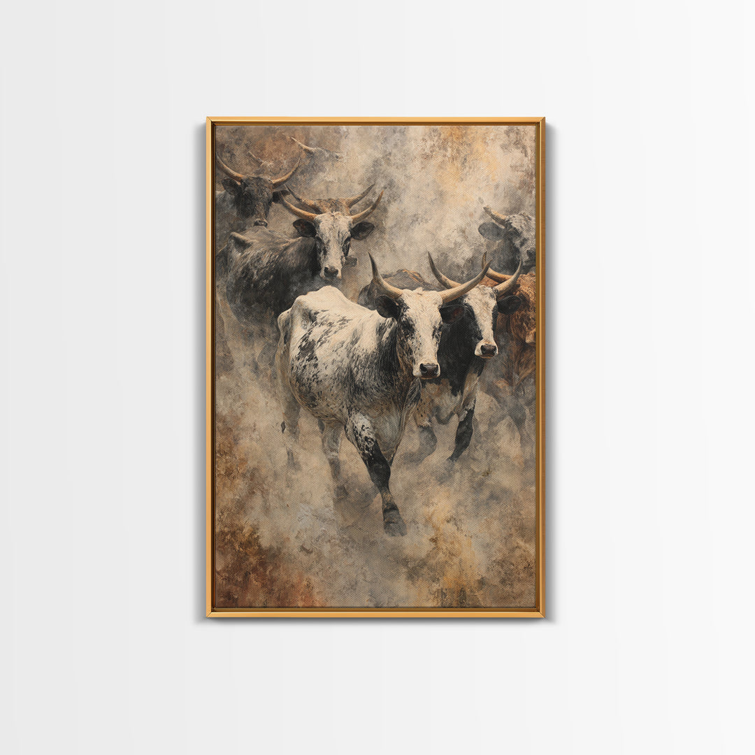 Dusty Longhorn Herd Framed Canvas Print, Western Bull Wall Art, Rustic Farmhouse Decor, Earth Tone Living Room Painting Gift