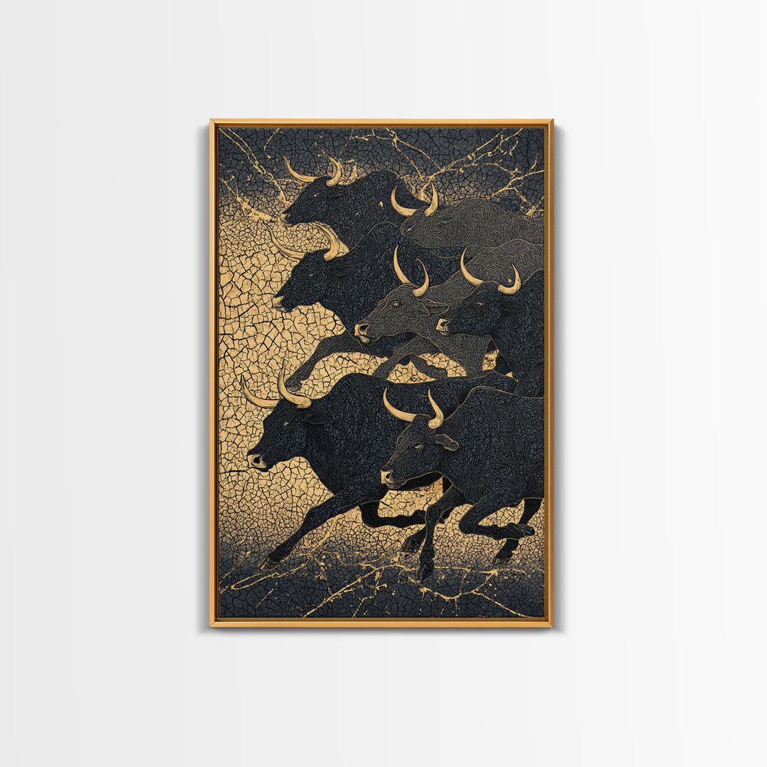 Black And Gold Bull Herd Canvas Print, Dramatic Animal Wall Art, Luxury Ranch Decor, Masculine Office Art, Statement Piece