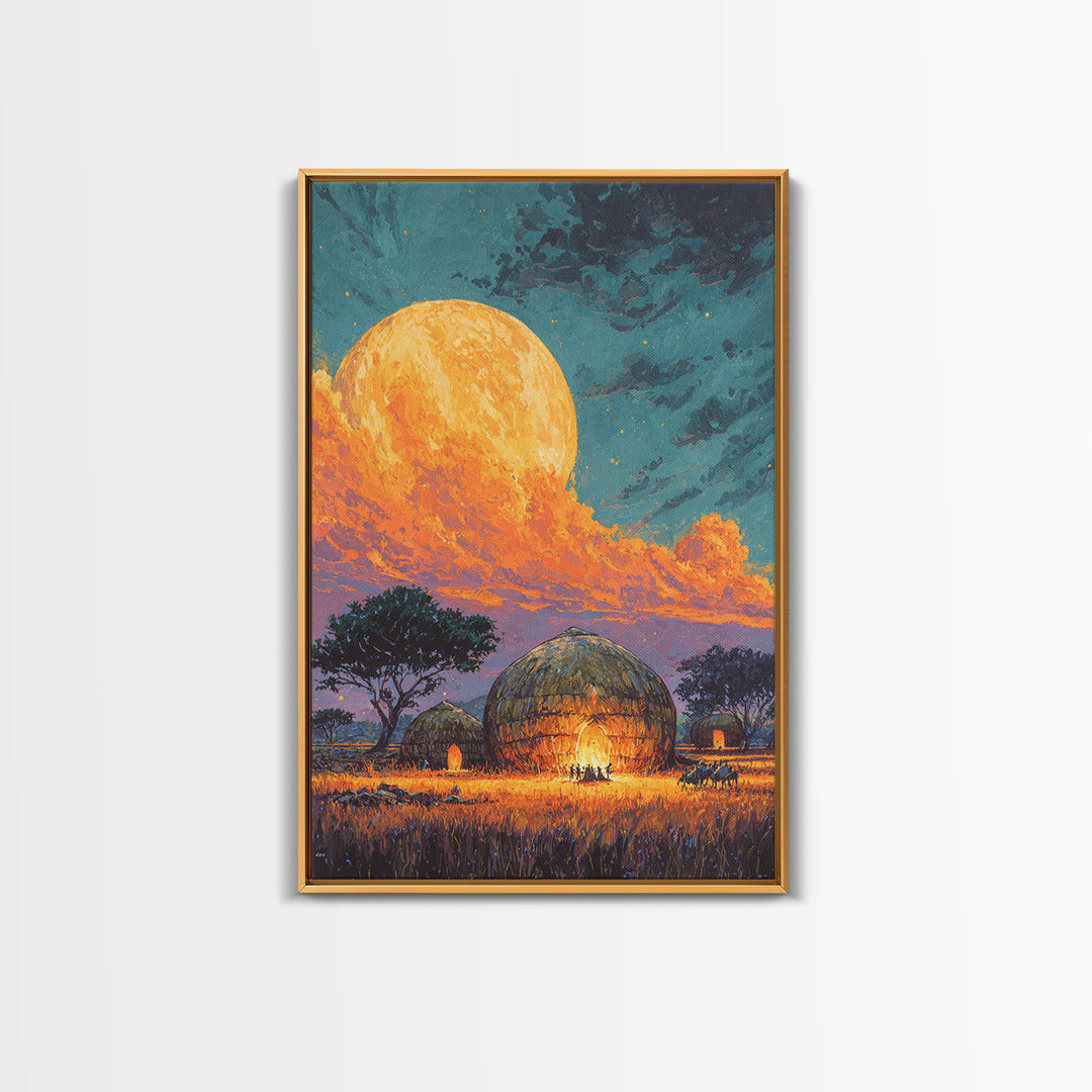 Full Moon African Hut Village Canvas Print, Serengeti Night Landscape, Safari Decor, African Inspired Wall Decor, Nature Scene Art