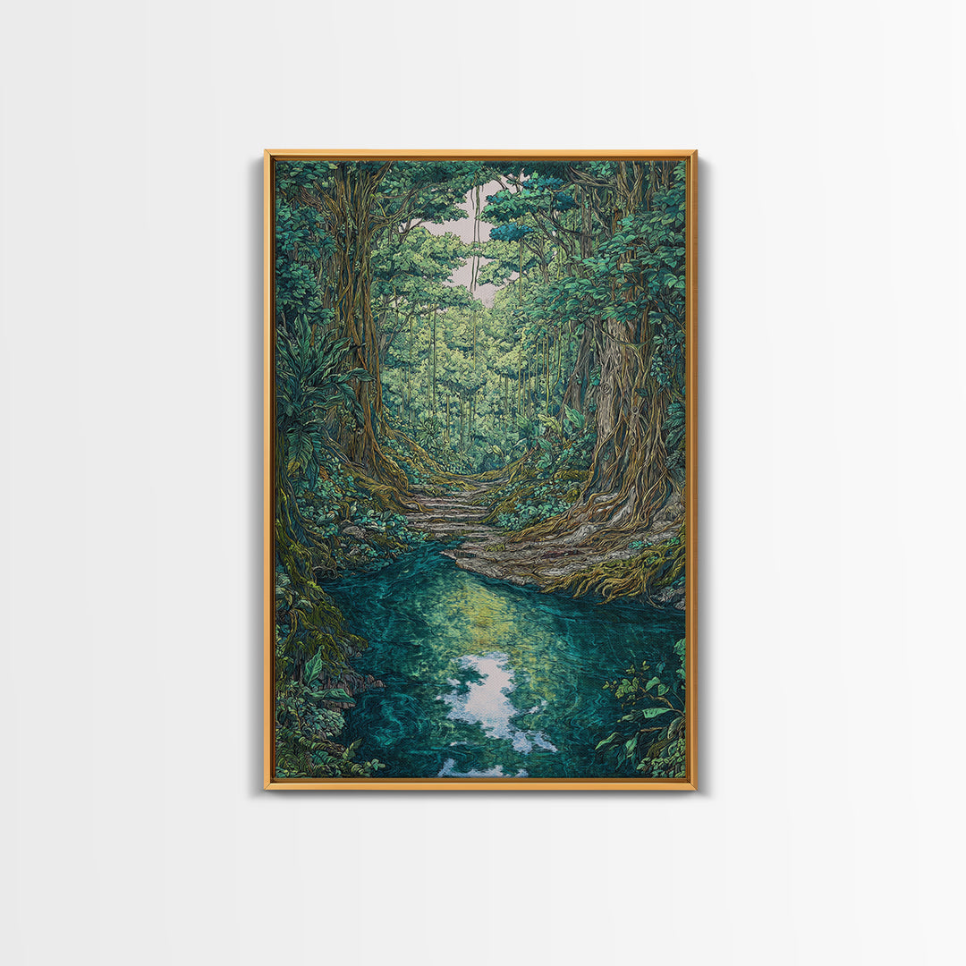 Rainforest River Path Framed Canvas Print, Ancient Jungle Roots, Green Nature Scene Art, Boho Wall Decor, Unique Home Decor