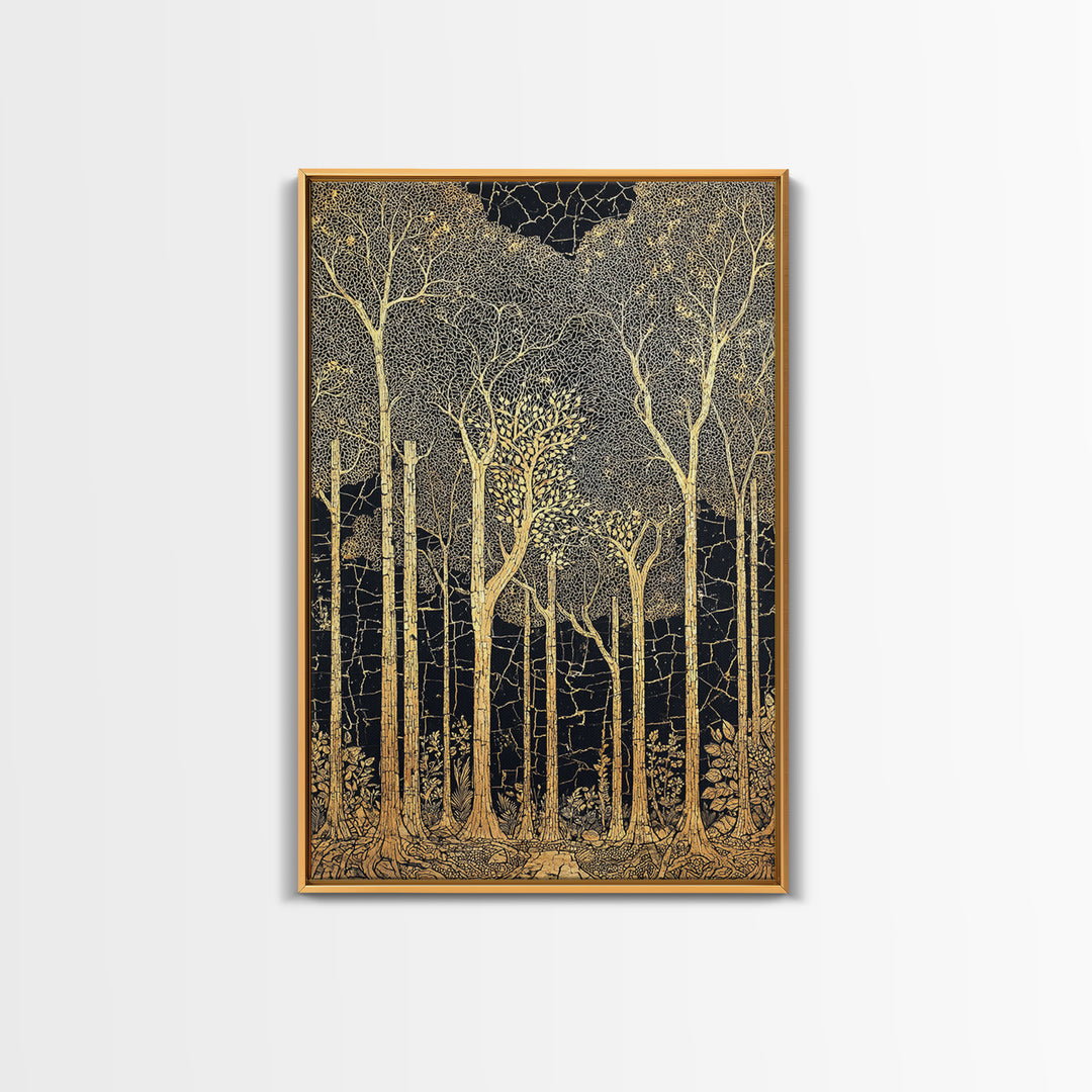Black And Gold Forest Wall Art, Tall Tree Line Illustration, Abstract Nature Pattern, Elegant Home Decor, Luxury Art Print