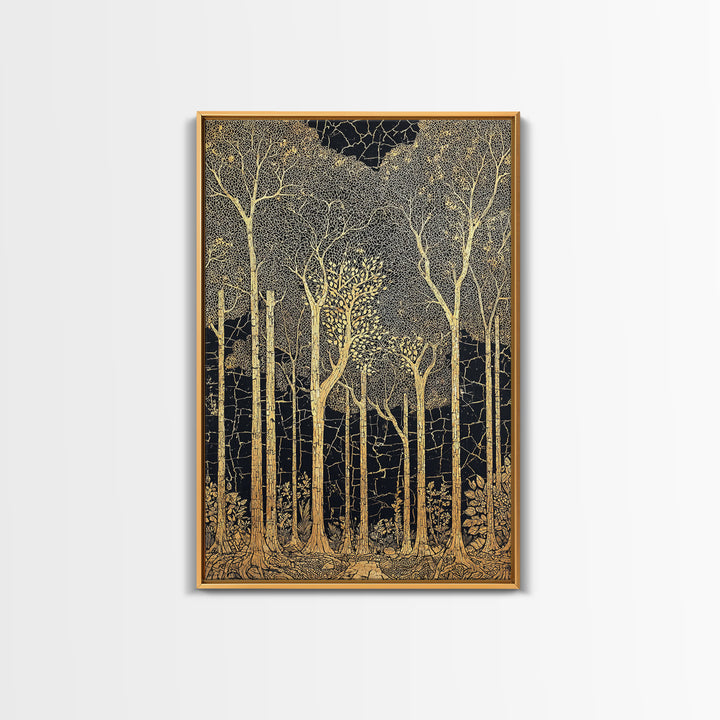Black And Gold Forest Wall Art, Tall Tree Line Illustration, Abstract Nature Pattern, Elegant Home Decor, Luxury Art Print