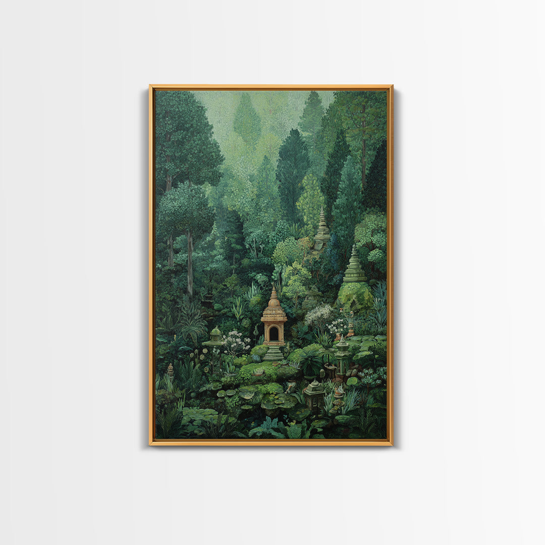 Secret Jungle Temple Garden Canvas Print, Lush Green Botanical Landscape, Spiritual Wall Art, Bohemian Decor Art, Living Room Decor