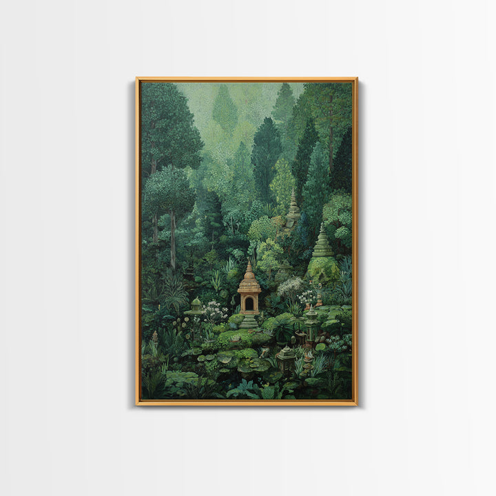 Secret Jungle Temple Garden Canvas Print, Lush Green Botanical Landscape, Spiritual Wall Art, Bohemian Decor Art, Living Room Decor