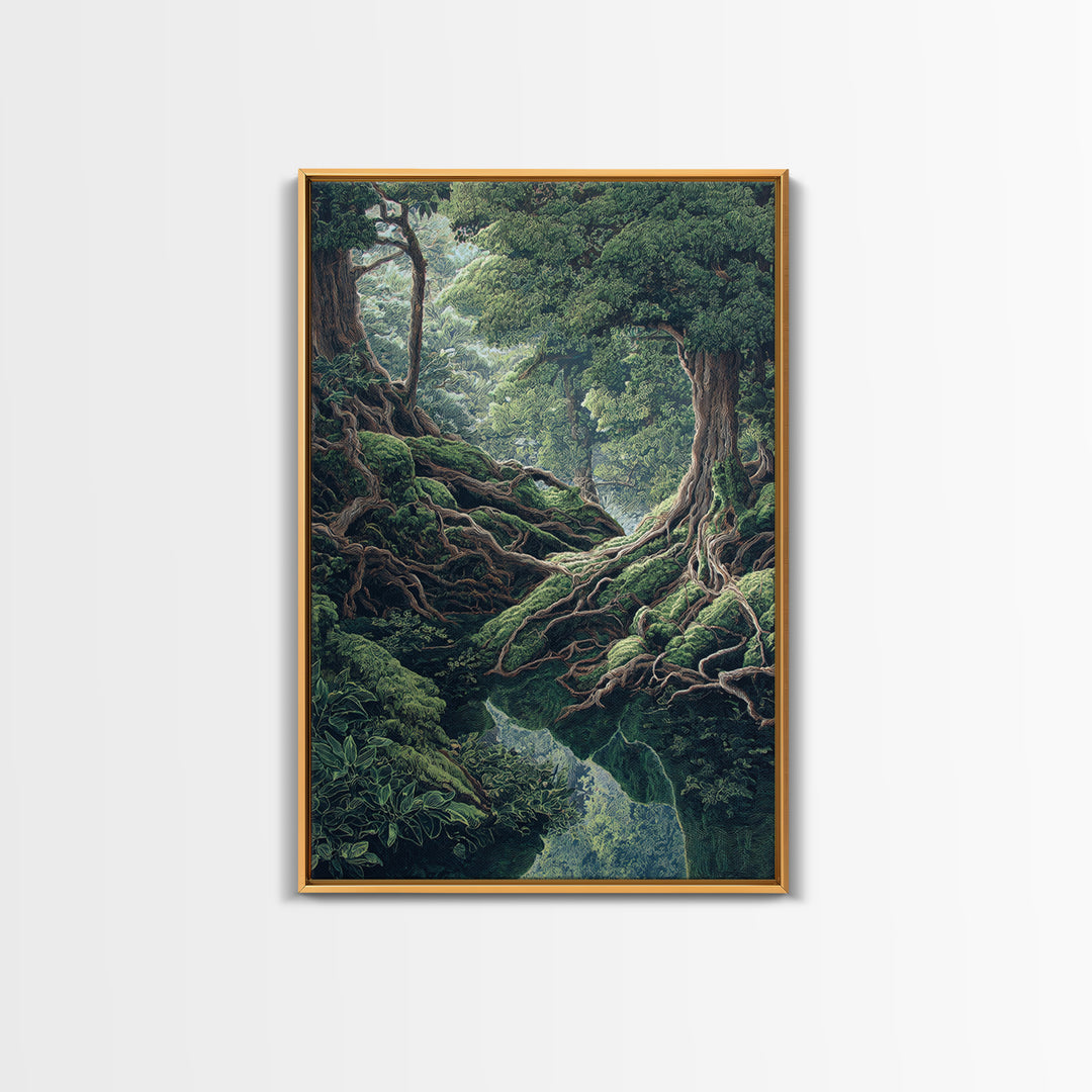 Ancient Forest Roots Wall Art, Mossy Green River Gorge, Mystical Nature Scene Art, Statement Wall Decor, Unique Canvas Print