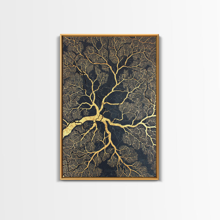 Black And Gold Branching Tree Wall Art, Abstract Root Network, Earth Tone Wall Decor, Luxury Art Print, Modern Canvas Art