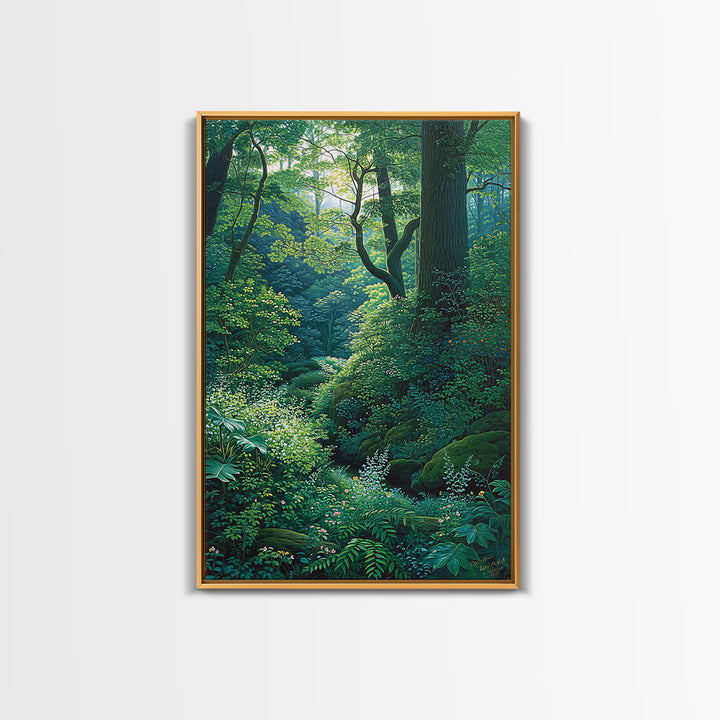 Sunlit Woodland Glade With Ferns Wall Art, Green Nature Scene Art, Dreamy Forest Decor, Botanical Bedroom Wall Decor Gift