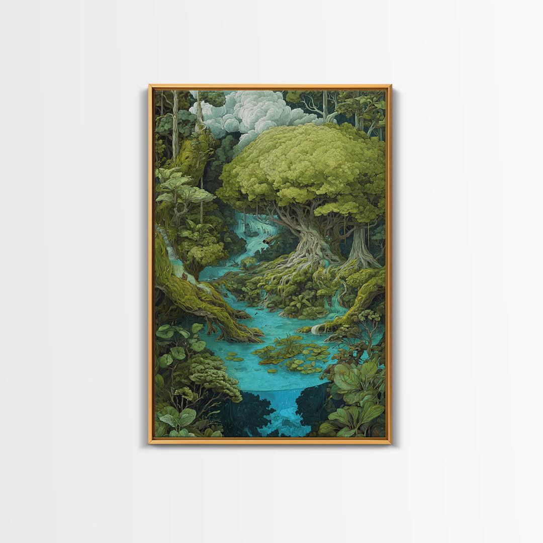 Ancient Banyan Over Turquoise River Painting Canvas Print, Fantasy Jungle Decor, Green Nature Wall Art, Unique Home Decor Gift