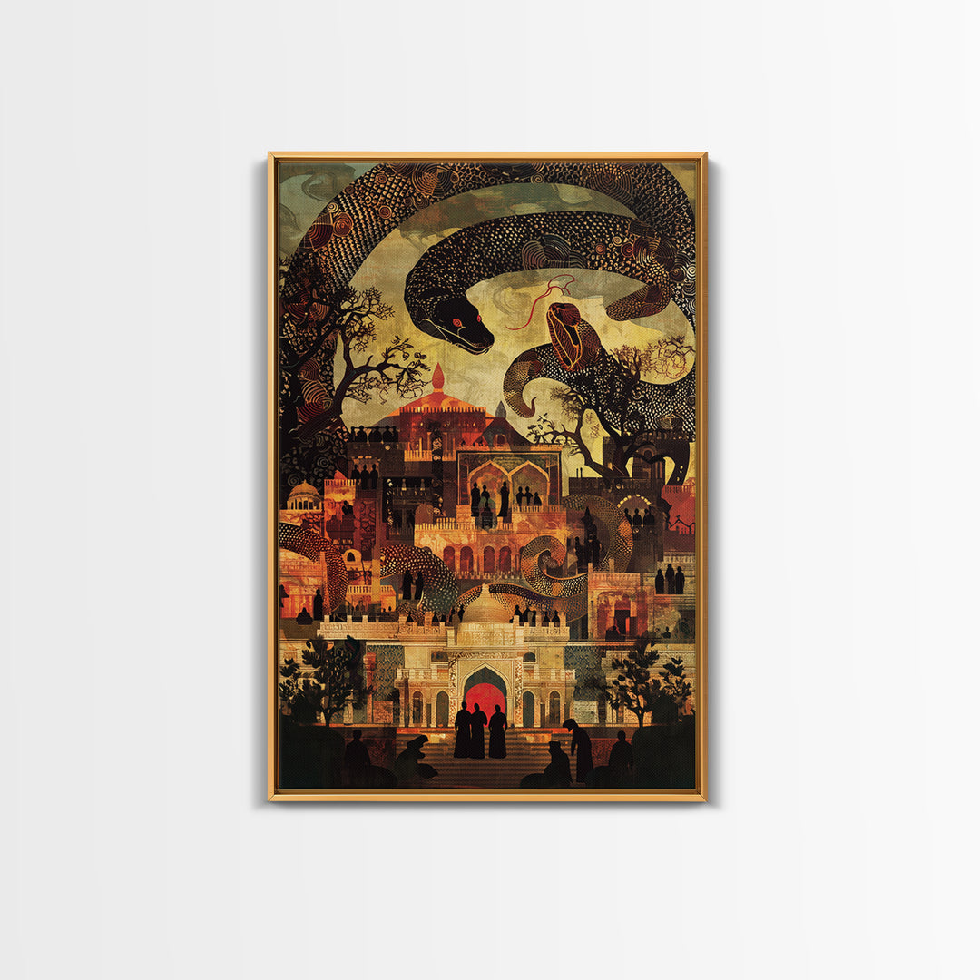 Enchanted Palace With Giant Serpent Wall Art, Mystical Travel Decor, Indian Decor, Fantasy City Canvas Style Art Print Gift