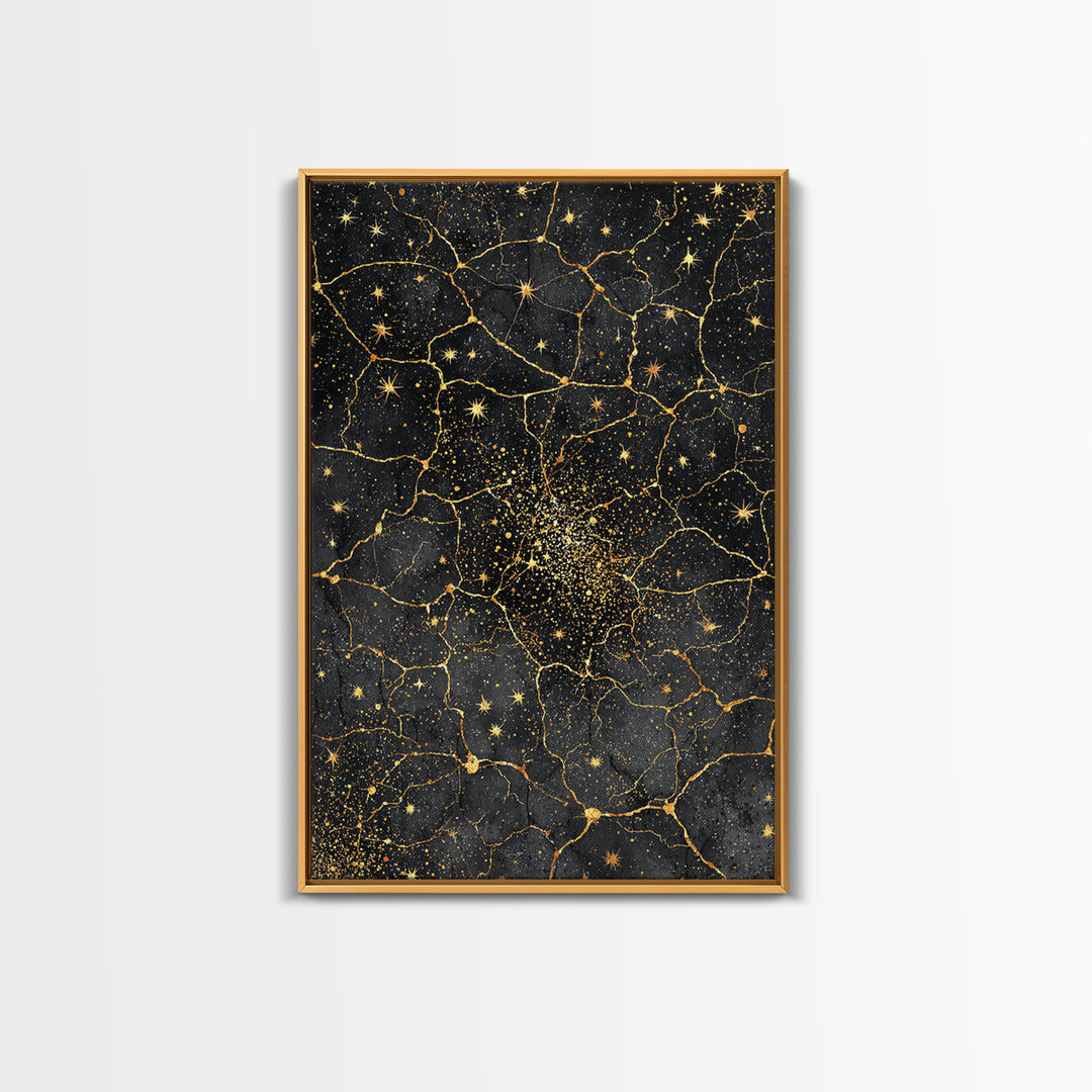 Black Gold Celestial Marble Stars Wall Art, Abstract African Inspired Cosmic Decor, Luxury Canvas Print For Modern Home Decor
