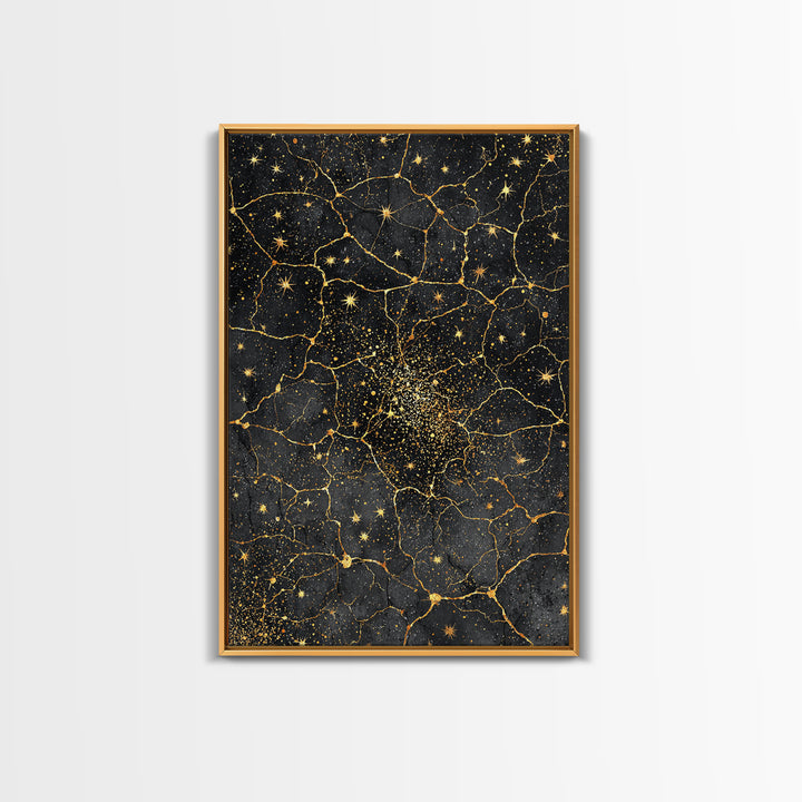 Black Gold Celestial Marble Stars Wall Art, Abstract African Inspired Cosmic Decor, Luxury Canvas Print For Modern Home Decor