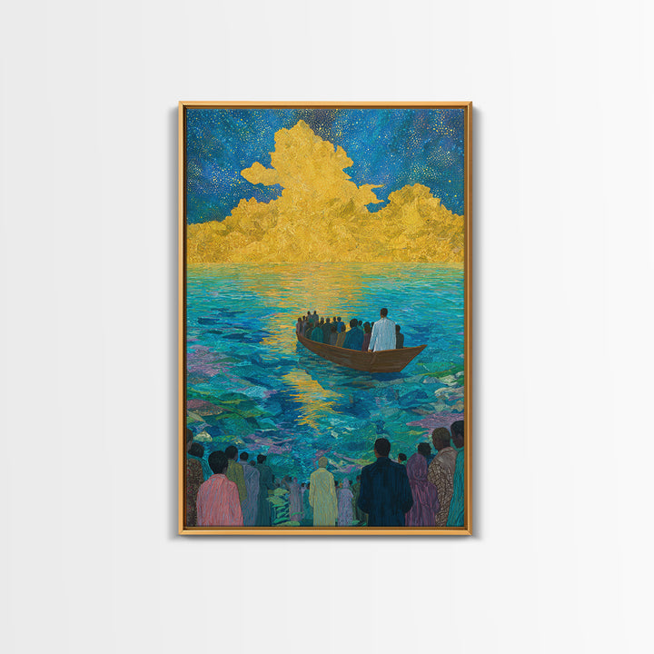 Boat Crossing Turquoise Water To Golden Clouds Wall Art, African Landscape Canvas Print, Spiritual Travel Decor Gift For Home