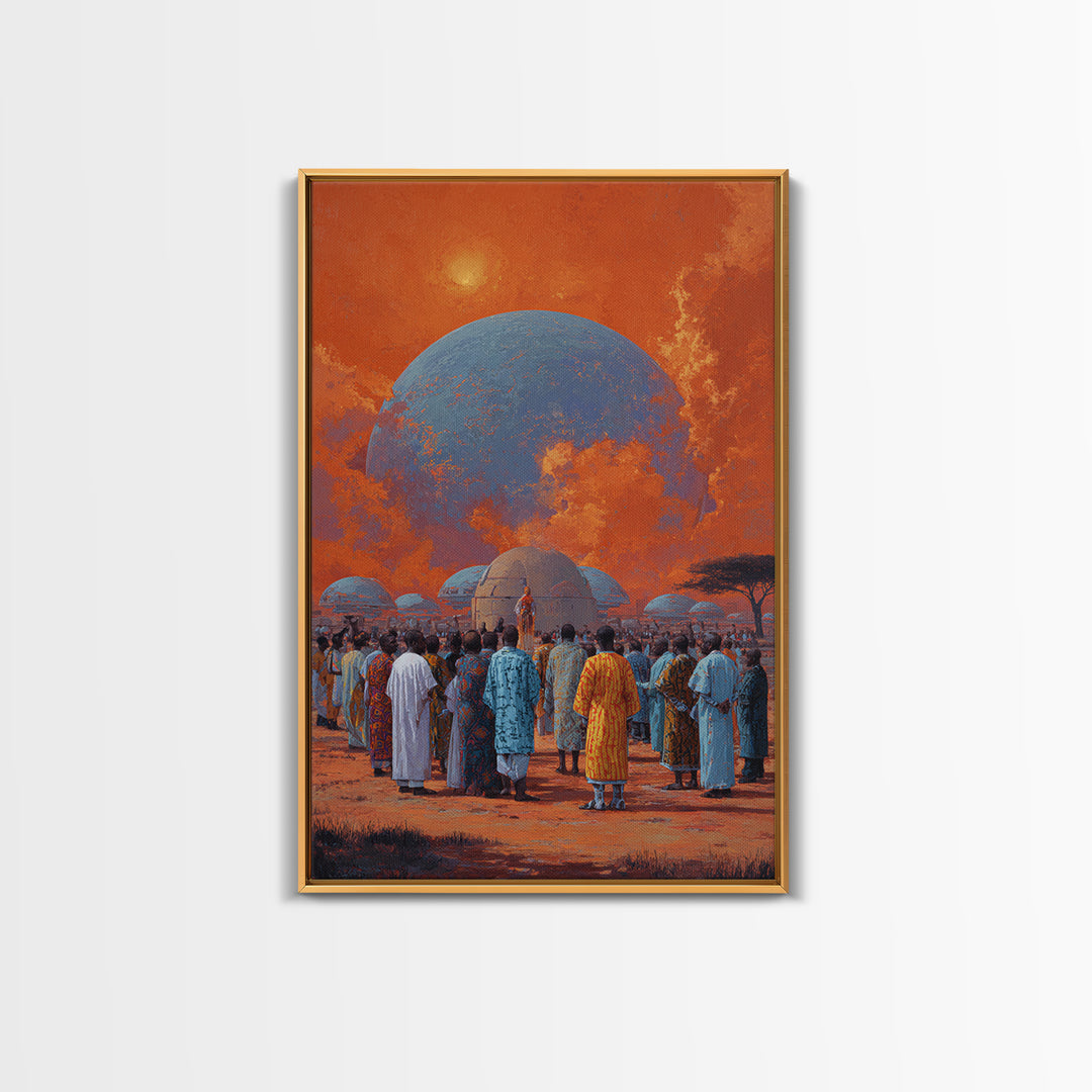 Afrofuturist Gathering Beneath Blue Planet Wall Art, African Culture Canvas Print, Orange Sky Village Home Decor Gift For Her