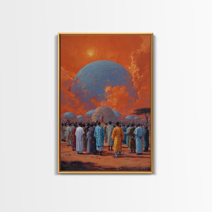 Afrofuturist Gathering Beneath Blue Planet Wall Art, African Culture Canvas Print, Orange Sky Village Home Decor Gift For Her
