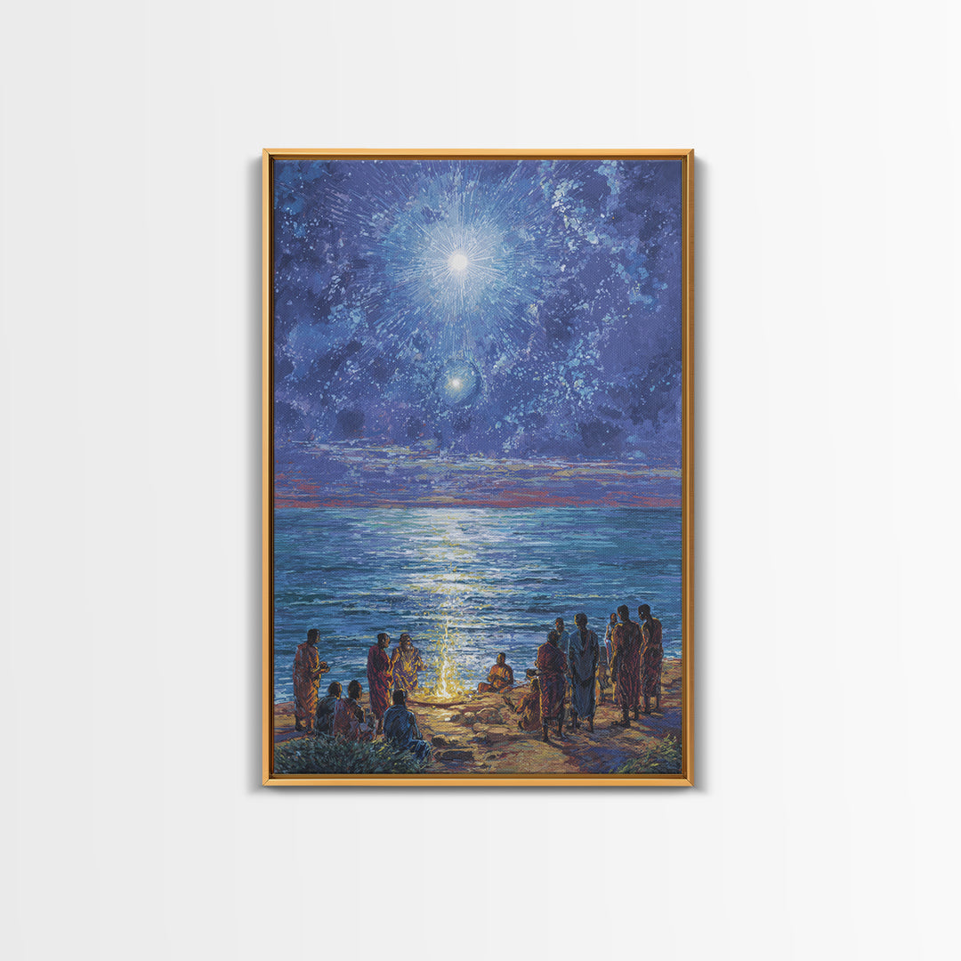 Moonlit Ocean Gathering At Shore Wall Art, African People Canvas Print, Blue Spiritual Nature Scene Decor For Living Room