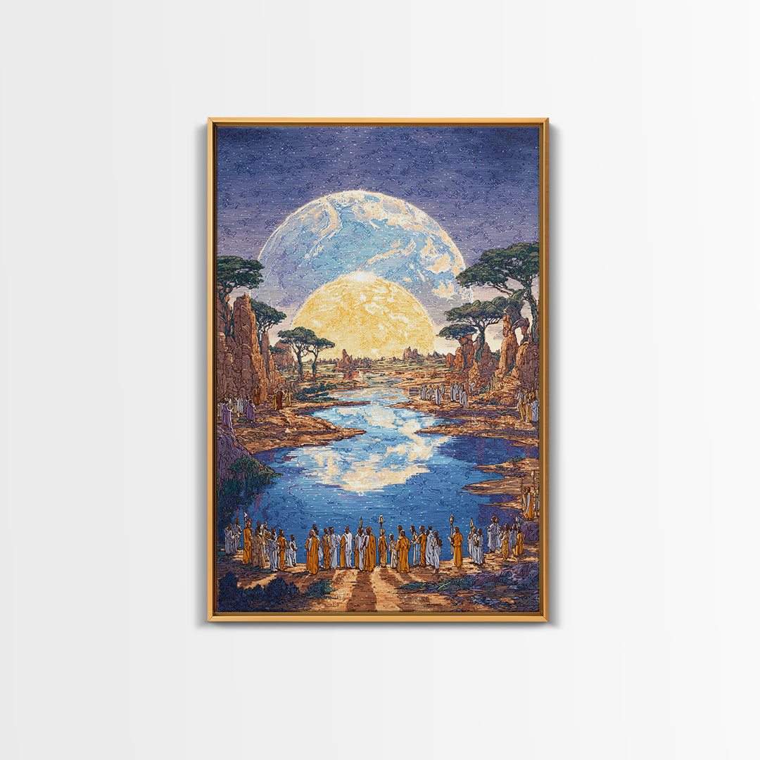 Sacred River Valley With Twin Moons Wall Art, African Landscape Canvas Print, Safari Inspired Cultural Home Decor Gift For Him