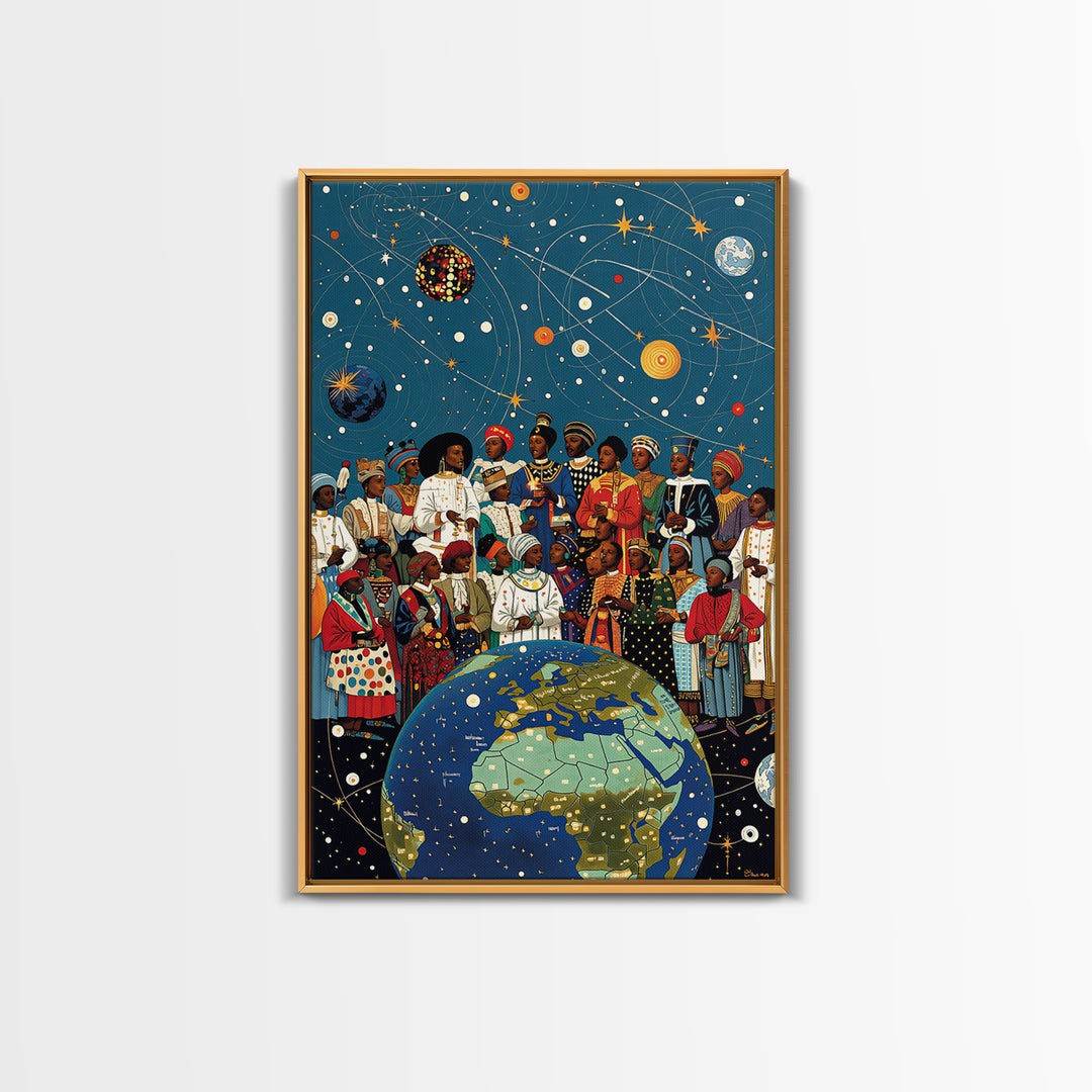 African Diaspora Under Celestial Orbits Wall Art, Afrocentric Canvas Print, Black Culture Artwork And Earth Map Decor Gift