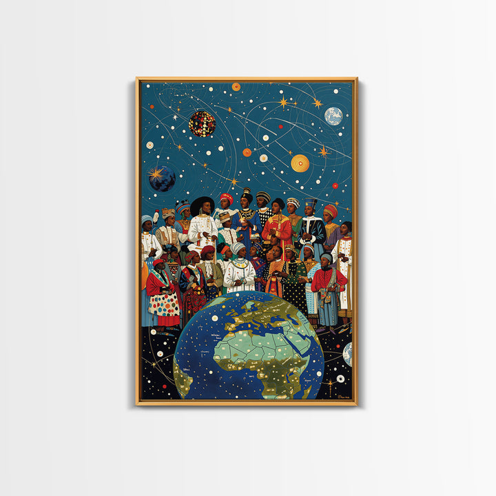 African Diaspora Under Celestial Orbits Wall Art, Afrocentric Canvas Print, Black Culture Artwork And Earth Map Decor Gift