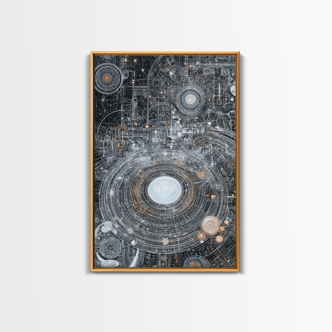 Futuristic Cosmic Circuit Mandala Canvas Print, Abstract Wall Art, Modern Office Decor, Geometric Sci Fi Galaxy Blueprint Digital Art