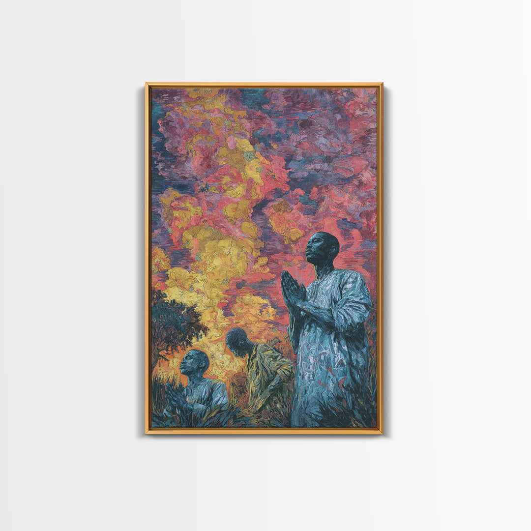 Praying African Men Beneath Fiery Sky Framed Canvas Print, Spiritual Wall Art, Black Culture Art, Meaningful Home Decor Gift