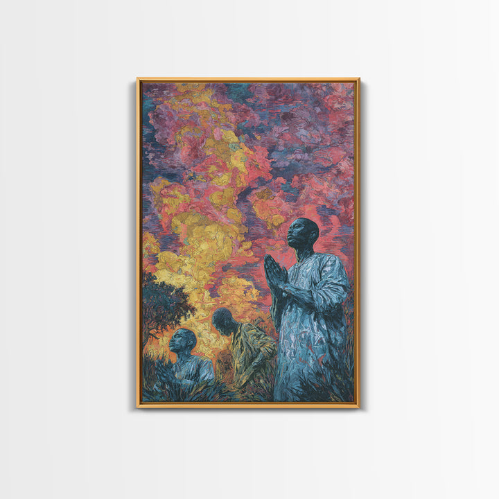 Praying African Men Beneath Fiery Sky Framed Canvas Print, Spiritual Wall Art, Black Culture Art, Meaningful Home Decor Gift