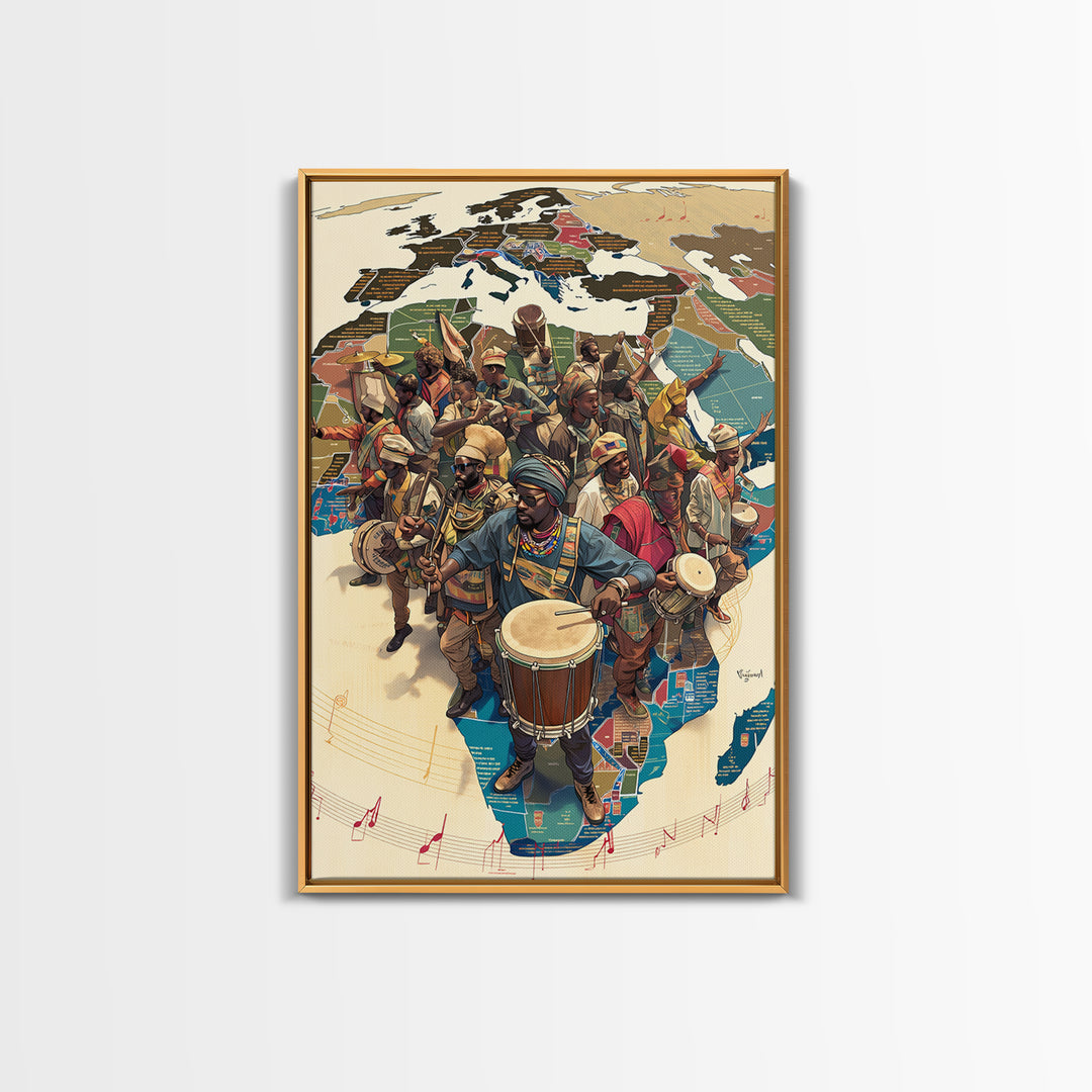 African Musicians Over Motherland Map Framed Canvas Print, African Culture Art, Afrocentric Wall Art, Vibrant Home Decor
