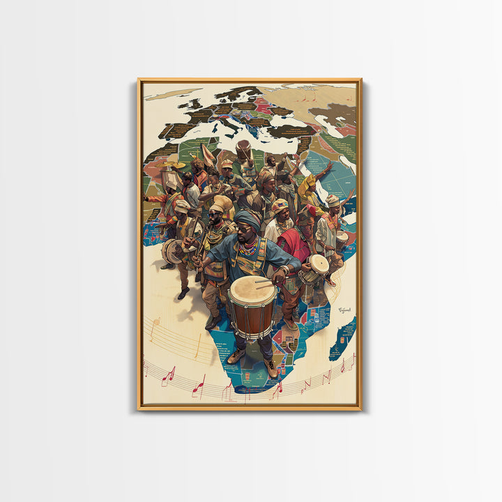 African Musicians Over Motherland Map Framed Canvas Print, African Culture Art, Afrocentric Wall Art, Vibrant Home Decor