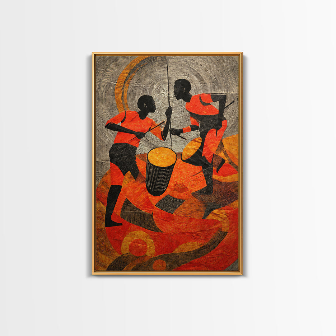 Two African Children Dancing With Drum Wall Art, Colorful African Art Print, Tribal Celebration Decor, Modern Afro Canvas
