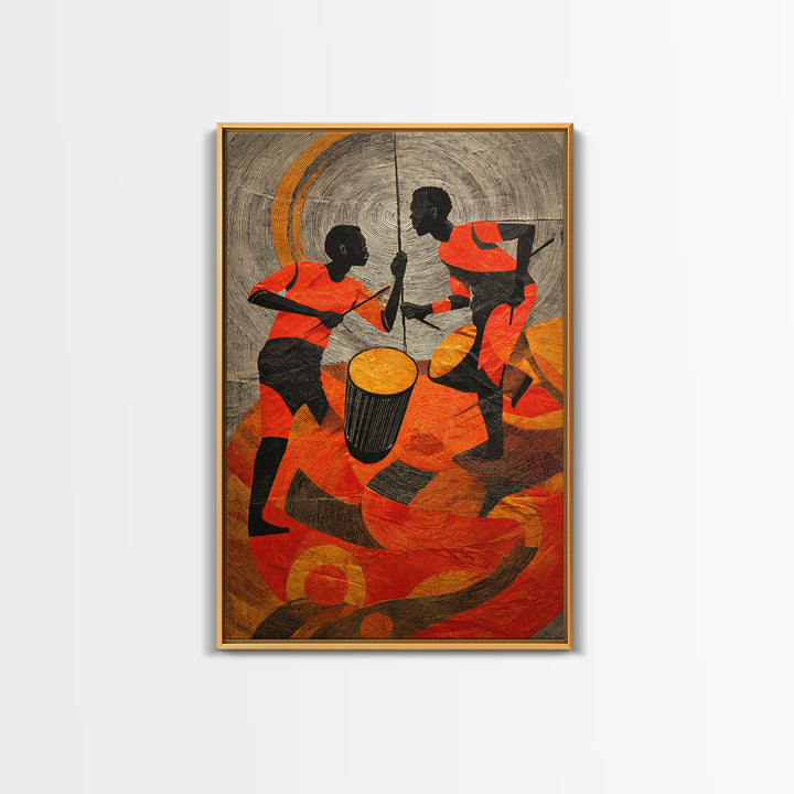 Two African Children Dancing With Drum Wall Art, Colorful African Art Print, Tribal Celebration Decor, Modern Afro Canvas