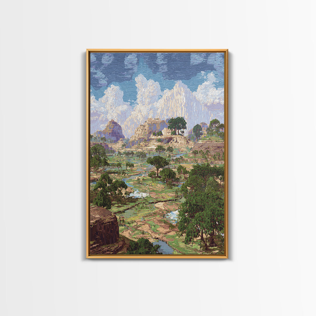 Ancient African Valley With River And Mountains Wall Art, Serengeti Landscape Print, Nature Scene Home Decor, Dreamy Canvas