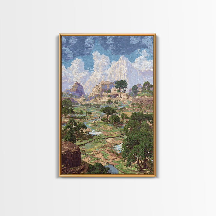 Ancient African Valley With River And Mountains Wall Art, Serengeti Landscape Print, Nature Scene Home Decor, Dreamy Canvas