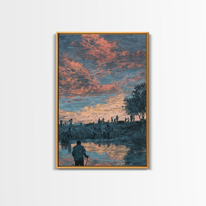 Pastoral African Sunset River Scene Canvas Print, Nature Wall Decor, Cultural Landscape Art, Earth Tone Living Room Decor