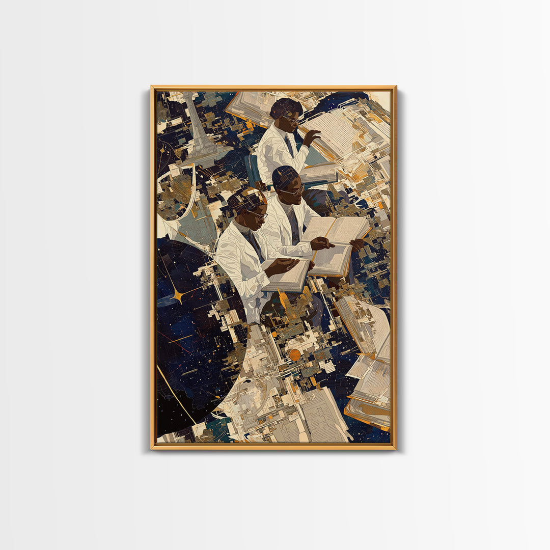 Black African Scholars Reading Floating Books Wall Art, Afrofuturism Decor, Black History Gift, Modern Cultural Canvas Print