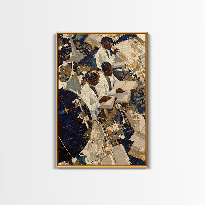 Black African Scholars Reading Floating Books Wall Art, Afrofuturism Decor, Black History Gift, Modern Cultural Canvas Print