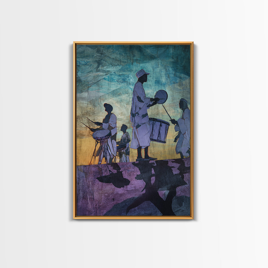Silhouetted African Drummers At Twilight Framed Canvas Print, Afrocentric Wall Decor, Cultural Music Art, Tribal Home Decor