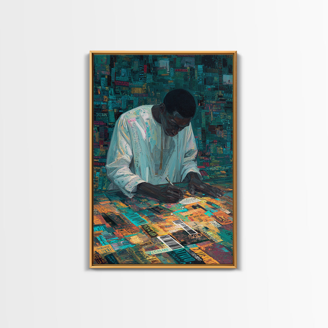 Focused Writer At Colorful Desk Framed Canvas Print, Black Man Wall Art, African American Art, Office Decor, Creative Gift
