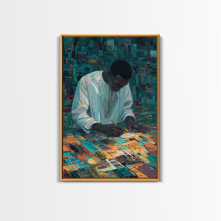 Focused Writer At Colorful Desk Framed Canvas Print, Black Man Wall Art, African American Art, Office Decor, Creative Gift