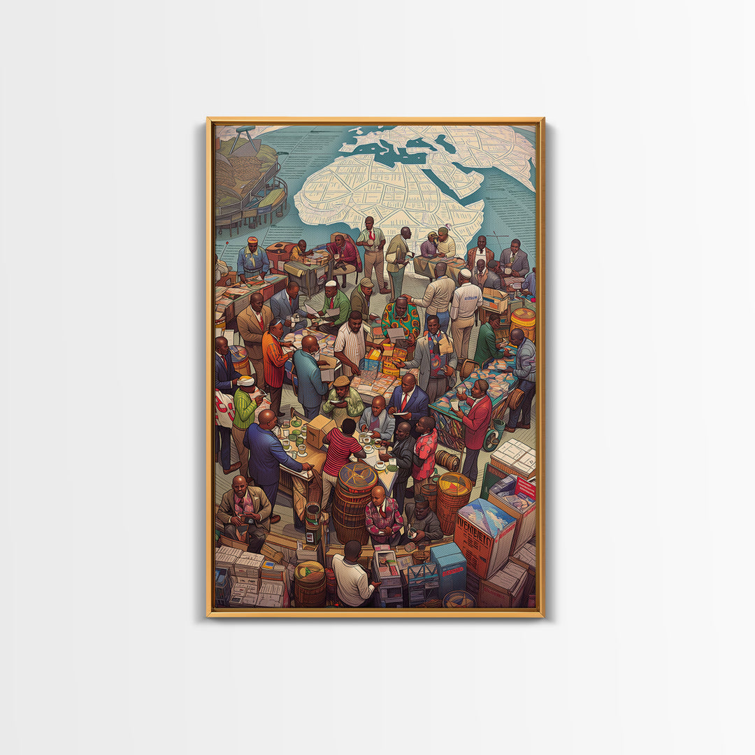 Busy African Market Scene With Map Wall Art, African Culture Art, West African Art, Black People Art, Living Room Decor, Gift