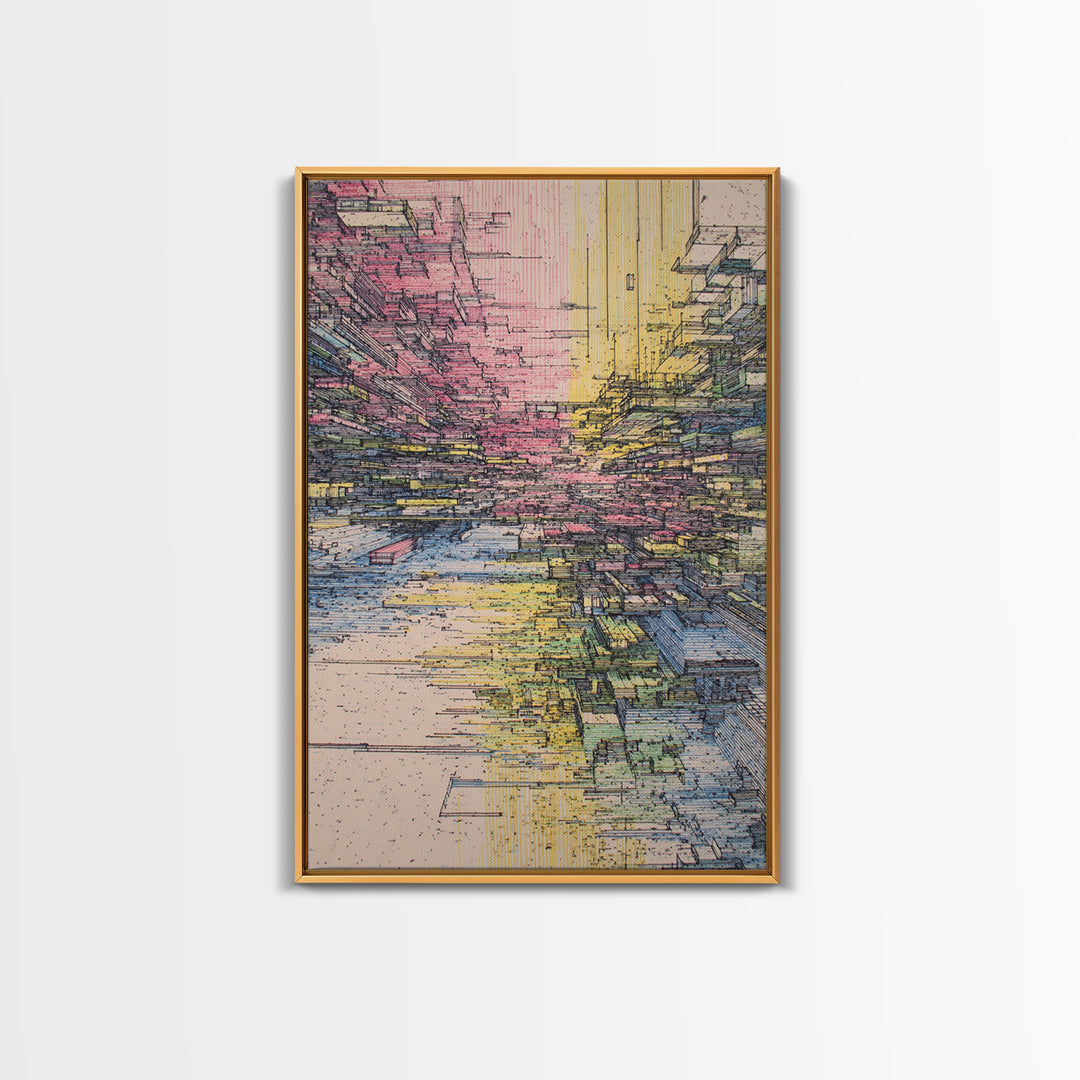 Futuristic Abstract City Canyon Framed Canvas Print, Modern Urban Wall Art, Geometric Architecture, Colorful Office Decor
