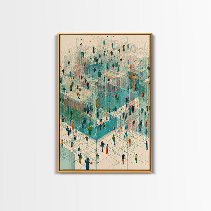 Isometric People In Wireframe City Wall Art, Modern Geometric Canvas Print, Abstract Urban Network, Unique Office Decor, Tech Inspired