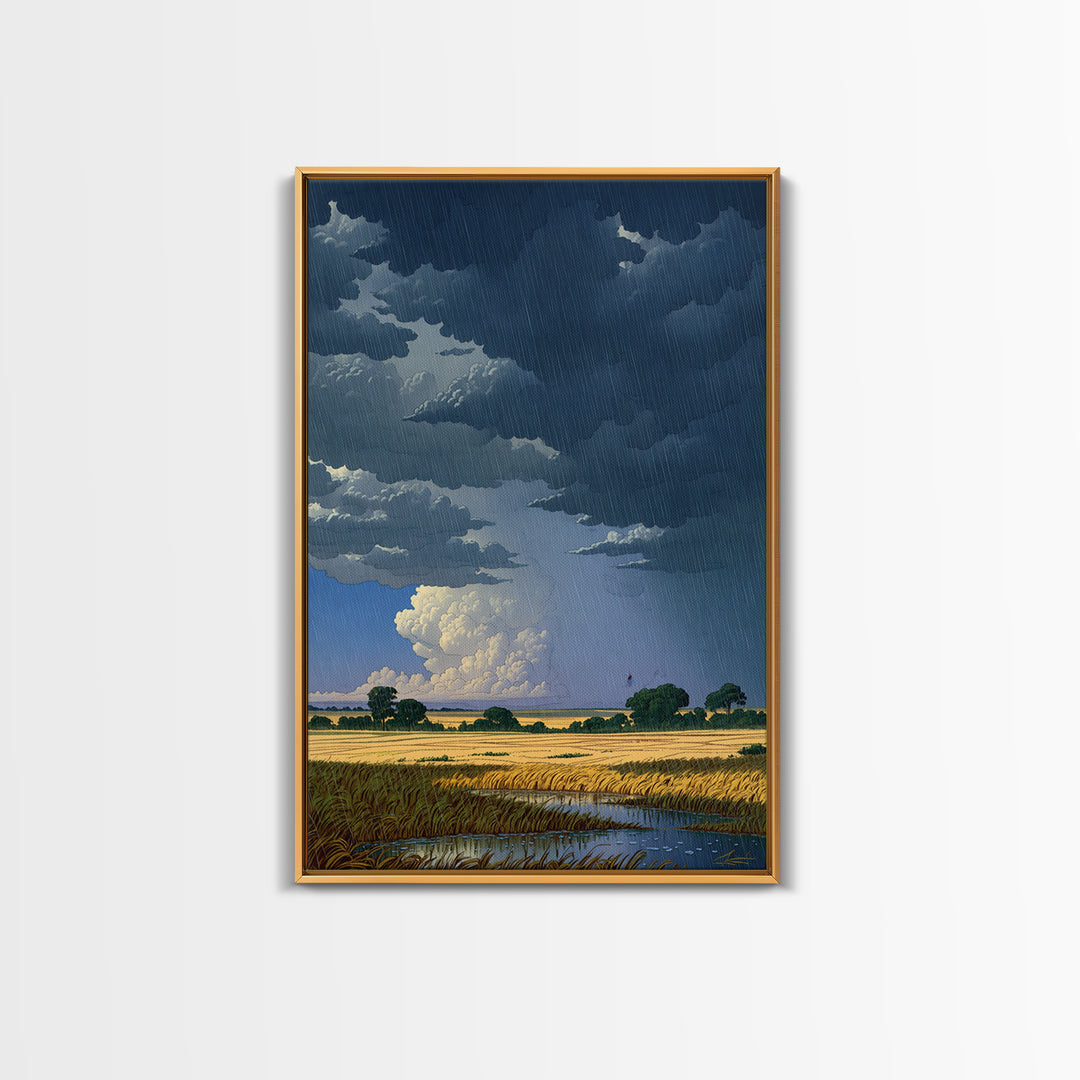 Dark Storm Clouds Over Golden Field Wall Art, African Landscape Canvas Print, Moody Nature Scene, Rustic Living Room Decor