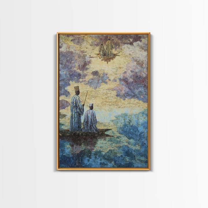 Two Robed Figures On Mystical Water Canvas Print, African Story Wall Art, Dreamy Cultural Landscape, Spiritual Home Decor