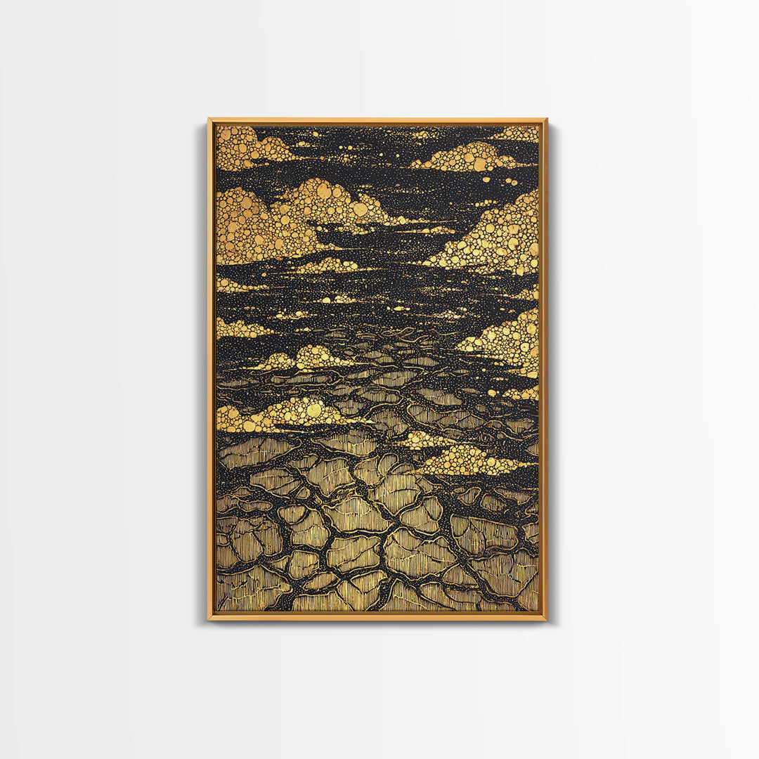Black And Gold Cracked Earth Abstract Wall Art, Luxury Canvas Print, Textured Desert Landscape, Bold Statement Home Decor