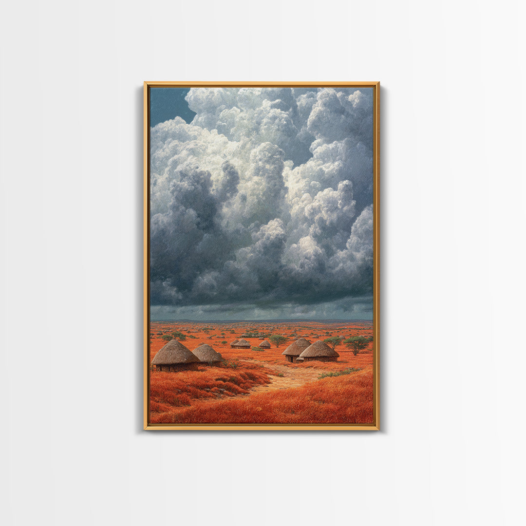 Red African Village Beneath Dramatic Storm Clouds Framed Canvas Print, Safari Landscape Wall Art, Earth Tone Home Decor Gift