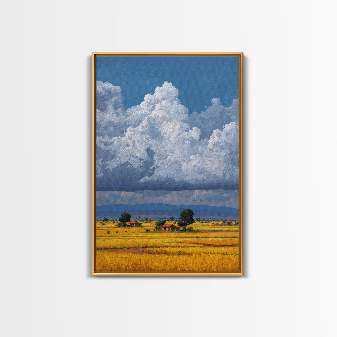 Sunlit African Farmland With Puffy White Clouds Wall Art, Landscape Canvas Print, Rustic Decor, Housewarming Gift For Her