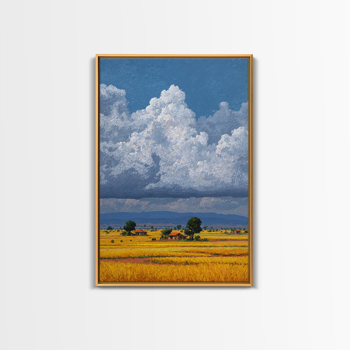 Sunlit African Farmland With Puffy White Clouds Wall Art, Landscape Canvas Print, Rustic Decor, Housewarming Gift For Her