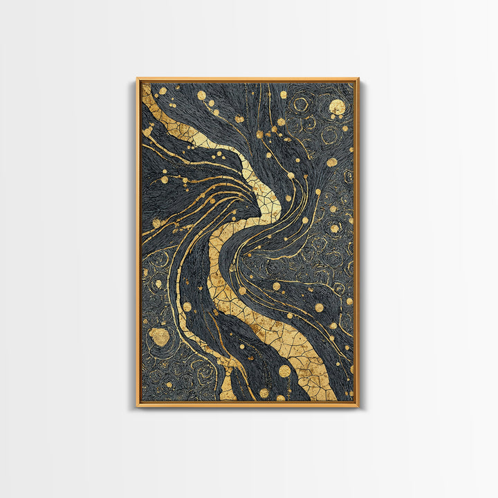 Black And Gold Abstract River Of Stars Statement Wall Art, Luxury Canvas Print, Geometric Decor, Elegant Modern Home Decor Gift