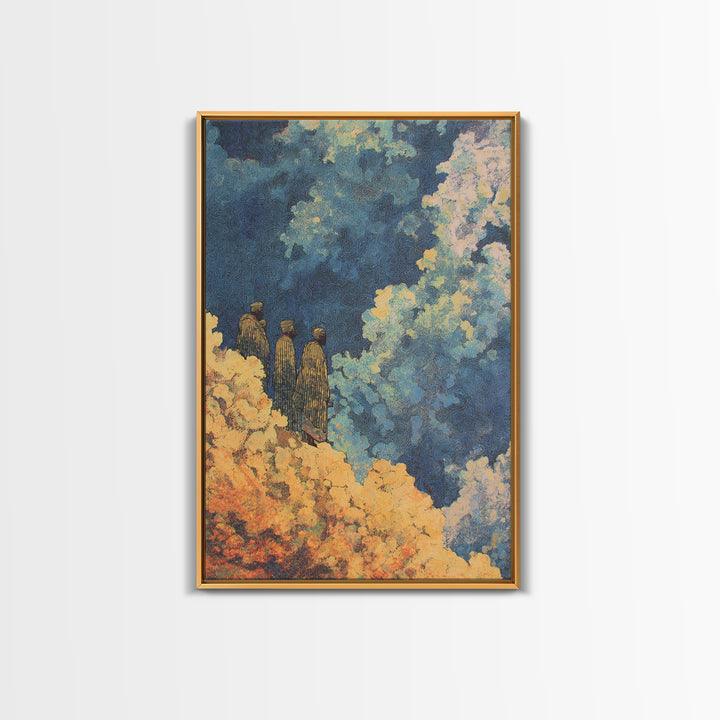 Three African Figures Walking Through Colorful Clouds Wall Art, Mystical Canvas Print, Cultural Art, Afrocentric Home Decor
