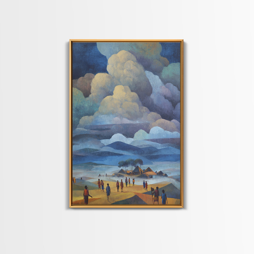 African Village Beneath Blue Storm Clouds Framed Canvas Print, Landscape Wall Decor, Cultural Home Decor, Afrocentric Art