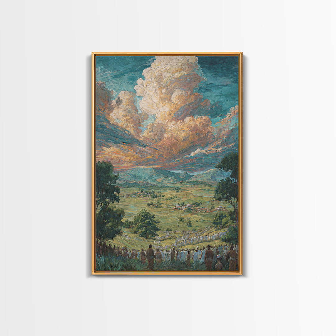 African Valley Procession Under Radiant Clouds Canvas Print, Panoramic Landscape Wall Decor, Safari Art, Cultural Gift For Home
